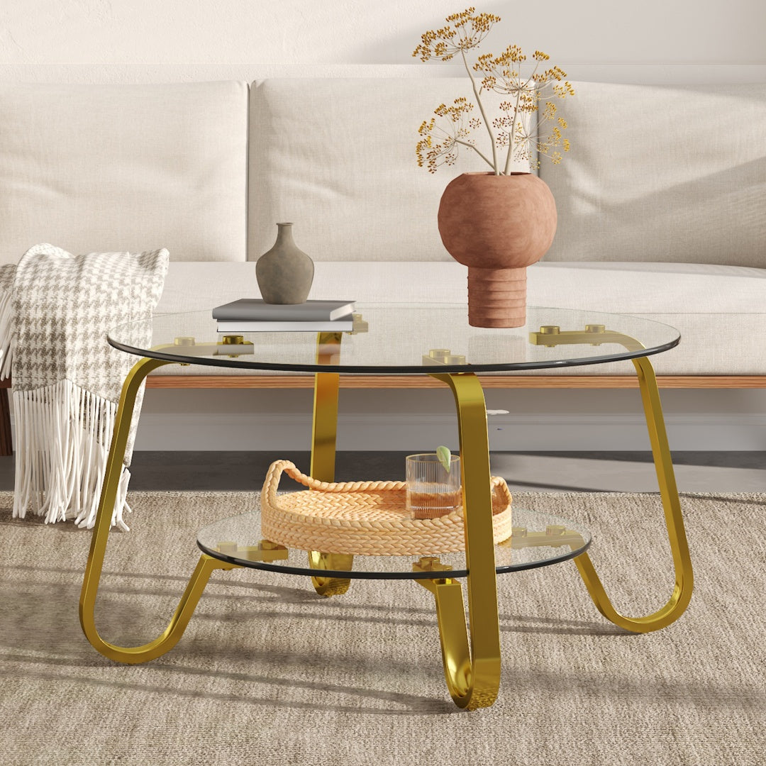 Retro Minimalist Style Metal Frame Double-layer Tempered Glass Coffee Table, Size 31.5 X31.5 X 17.7 Inches, Adding A Touch Of Elegance To Your Living Room