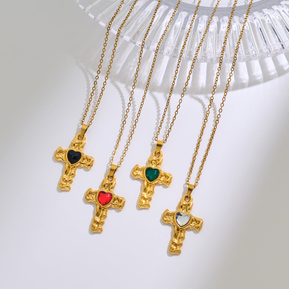 Stainless Steel Heart-shaped Cross Pendant Necklace With Rhinestone Inlay