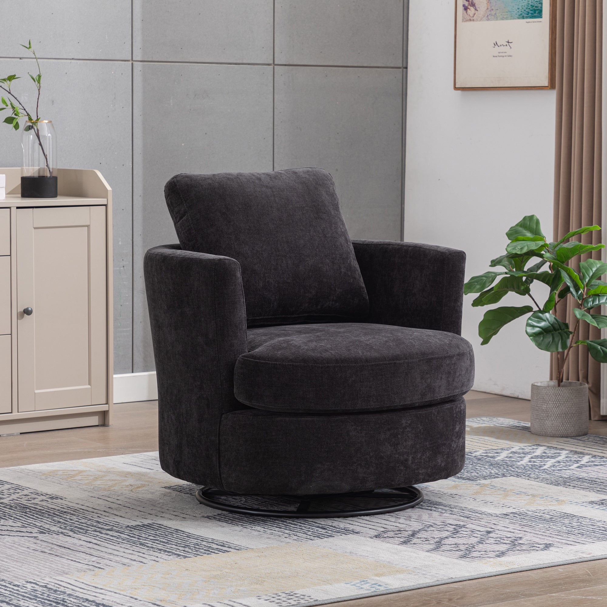 31.9 W Chenille Swivel Accent Barrel Chair And Comfy Round Accent Sofa Chair For Living Room, 360 Degree Club Chair, Leisure Arm Chair For Nursery Bedroom Living Room Lounge Hotel Office  Black