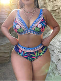2026 New Plus Size Boho Floral Print Bikini Set Contrast Geometric Trim High Waist Swimwear