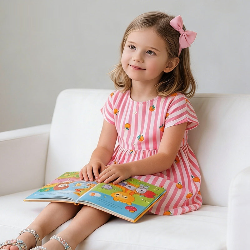 Girls Round-neck Short-sleeve Cotton Dress