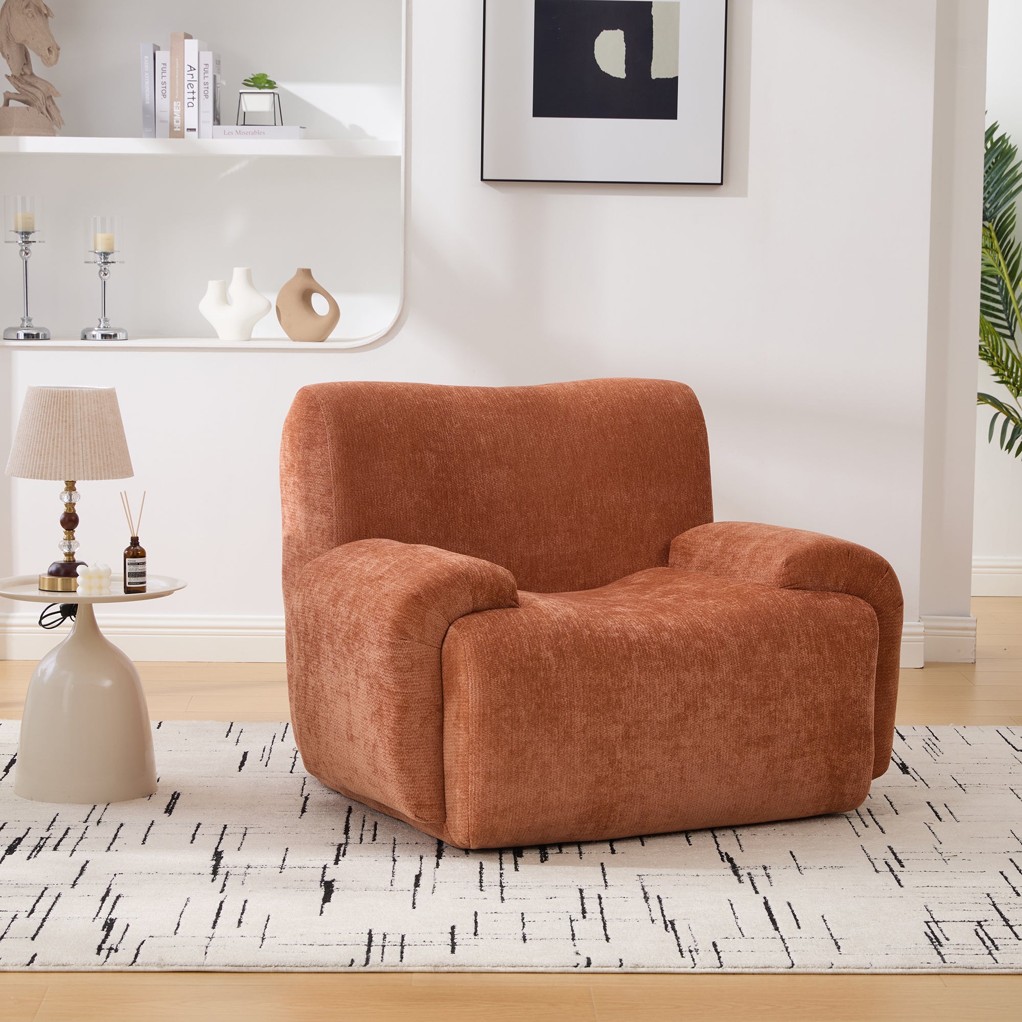 42  Wide Modern Upholstered Oversized Accent Chair, Boneless Single Sofa Chair, Chenille Armchair Comfy Reading Lounge Chair With Deep Seats For Living Room Bedroom Apartment, Dorms, Orange