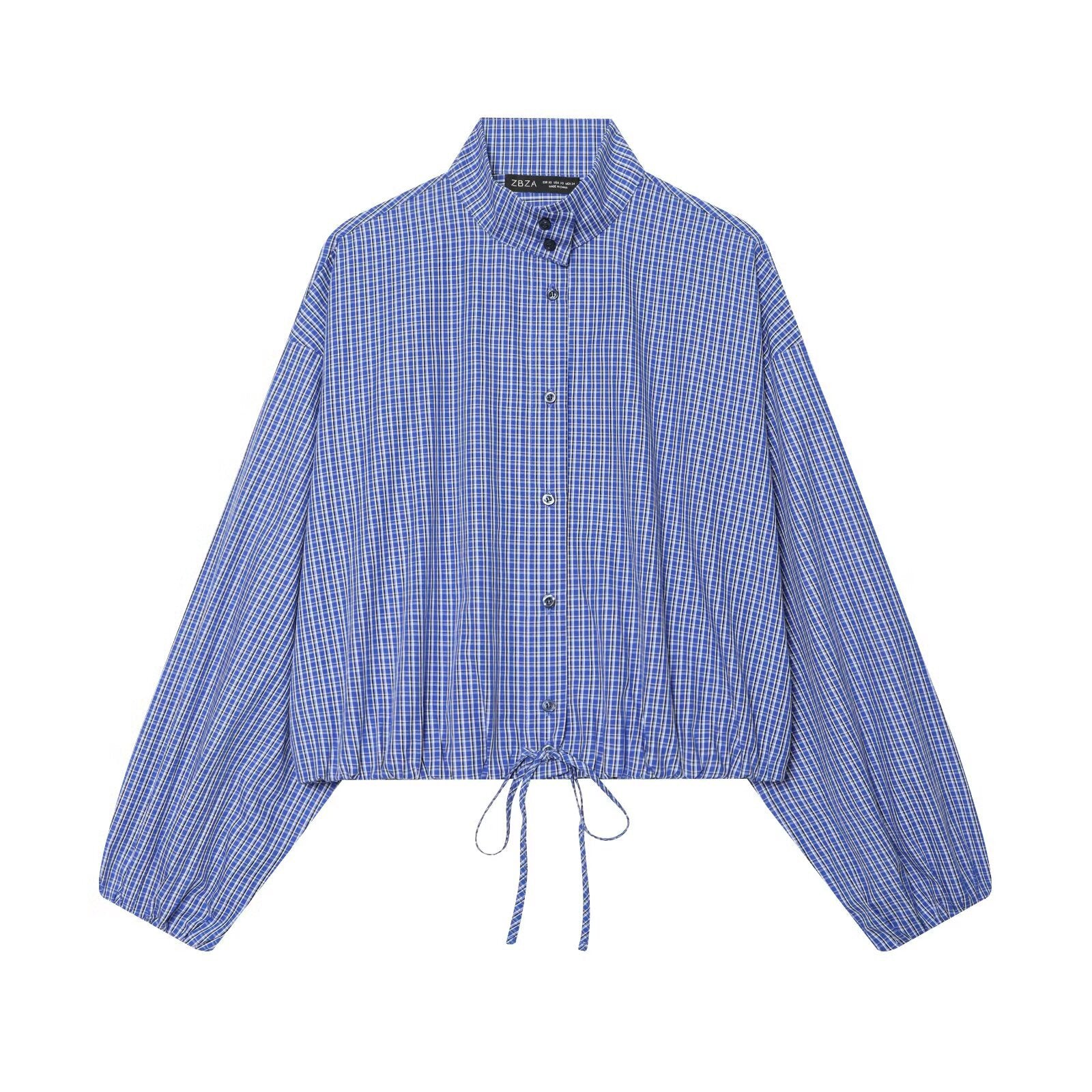 Womens Buttoned Puff-Sleeve Plaid Shirt