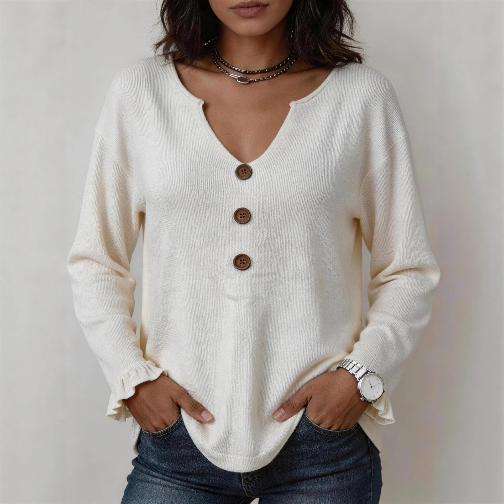 Knitted Sweater With Lotus-leaf Ruffle Cuffs And Buttons