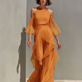 Womens Chiffon Blouse And Flare-sleeve Straight-leg Pants Set