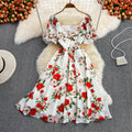 Long Waist-cinched V-neck Chiffon Floral Dress In A SoftFeminine Style