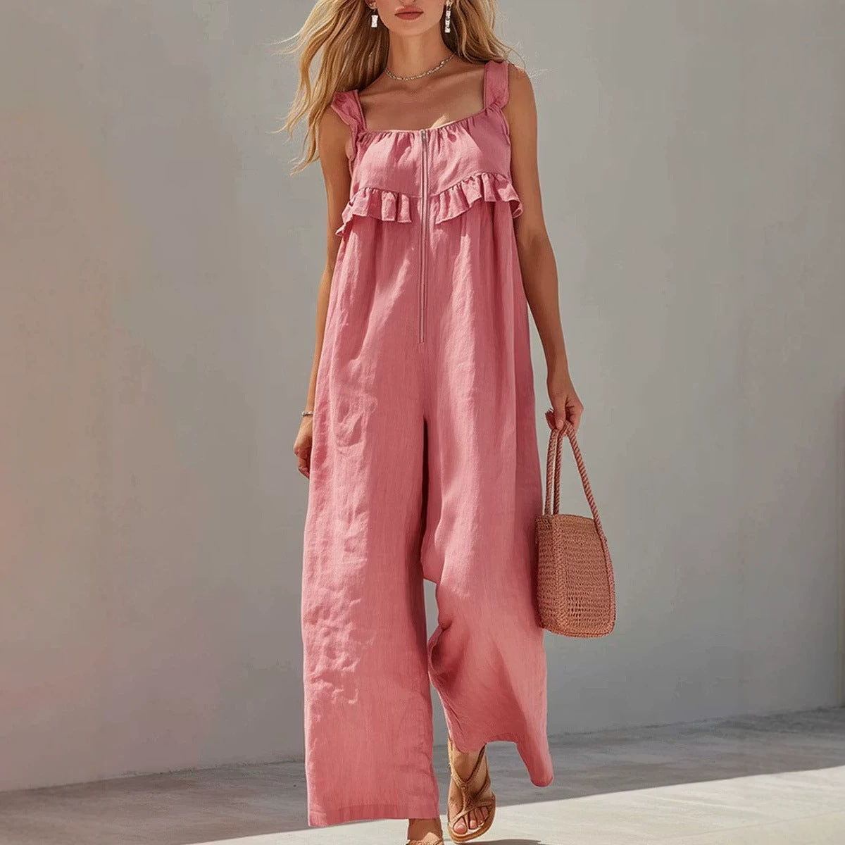 Womens Sleeveless Strap Solid-color Jumpsuit