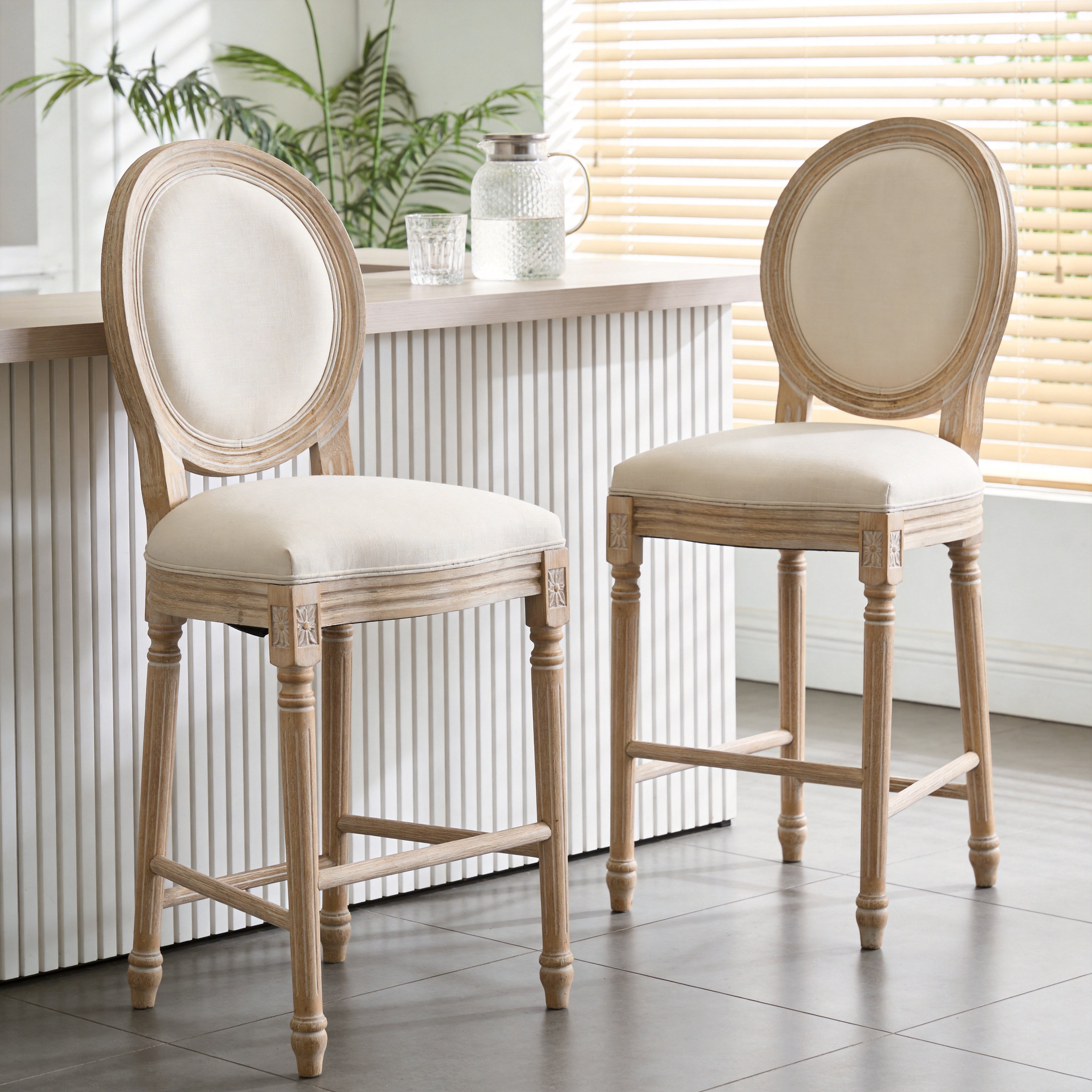 French Country 26  Height Bar Chairs Set Of 2, Upholstered  Chairs With  Round Back, Wire Drawing And Carving Techniques ,Disassemblable ,  For Living Room, Kitchen , Restaurant Use, Beige