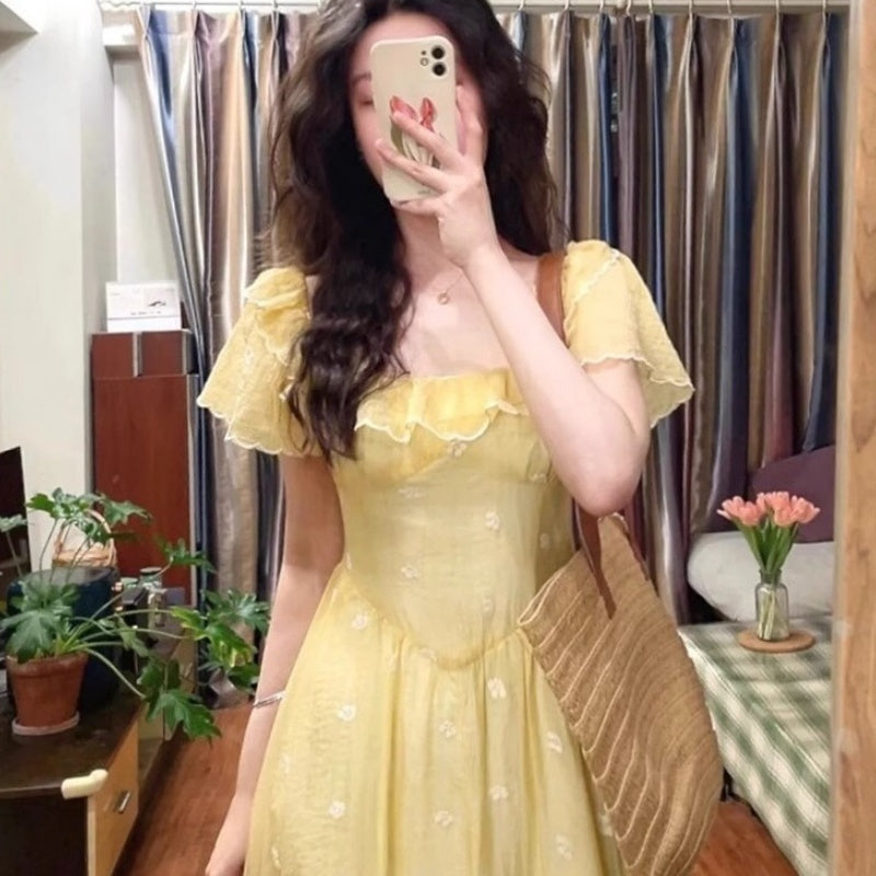 Womens French-style Off-shoulder Floral-print Dress