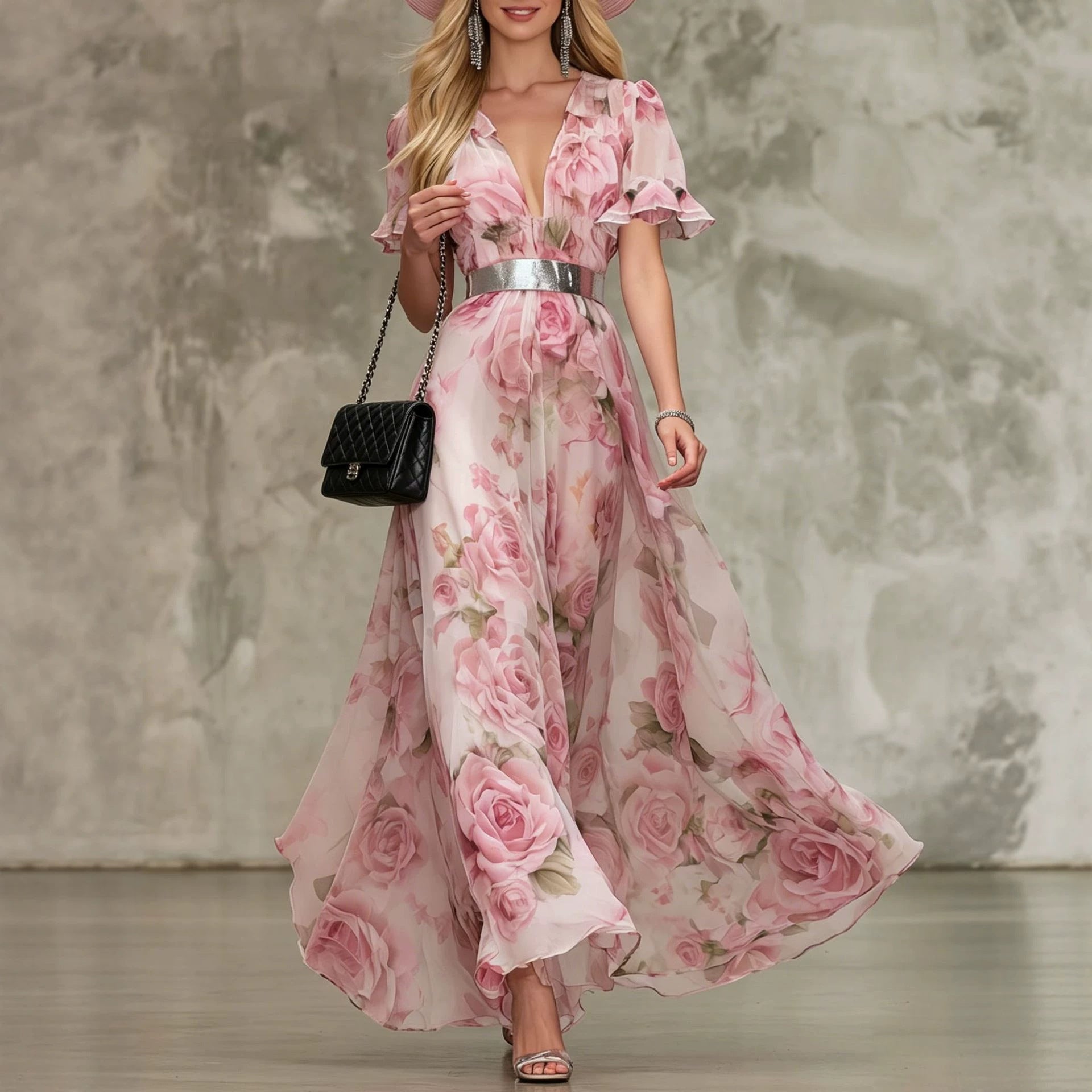 French-Style Romantic Rose-Print Chiffon Maxi Dress