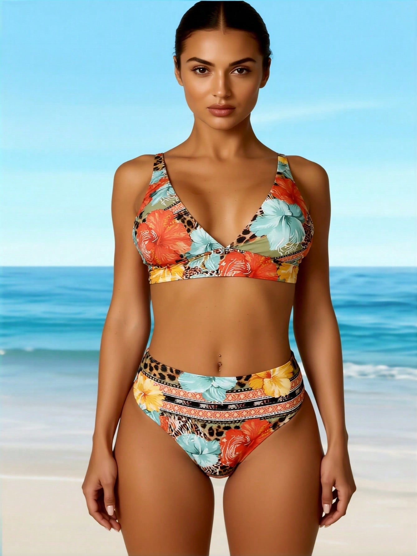 2026 New Hawaiian Floral & Animal Print Swimwear, Mid Waist Tummy Control Two-Piece Swimsuit