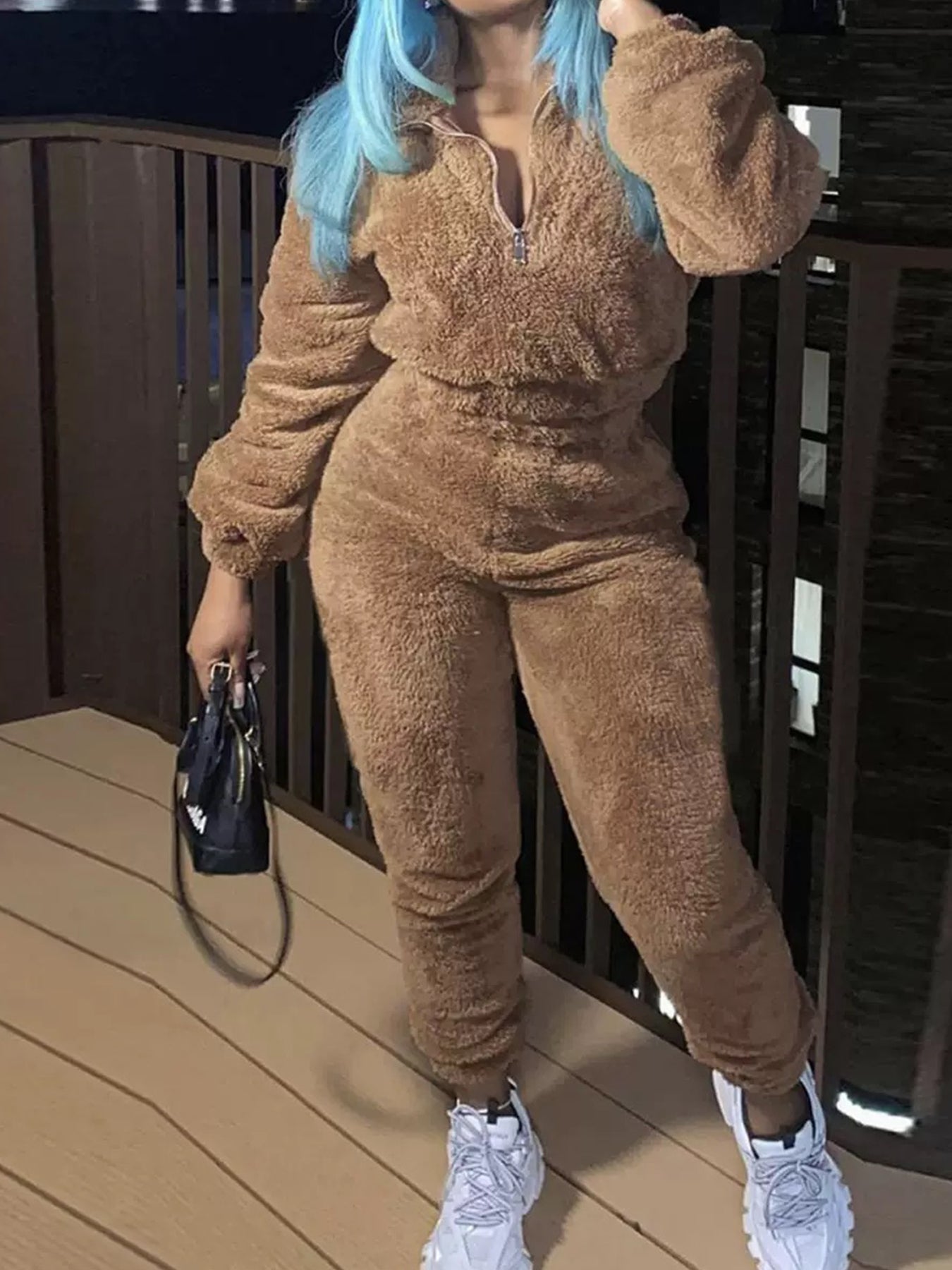 2026 New Women's Solid Color Fleece Two-piece Set, Zipper Long-sleeved Top And Slim-fit Pants, Machine Washable, Winter Clothes For Women