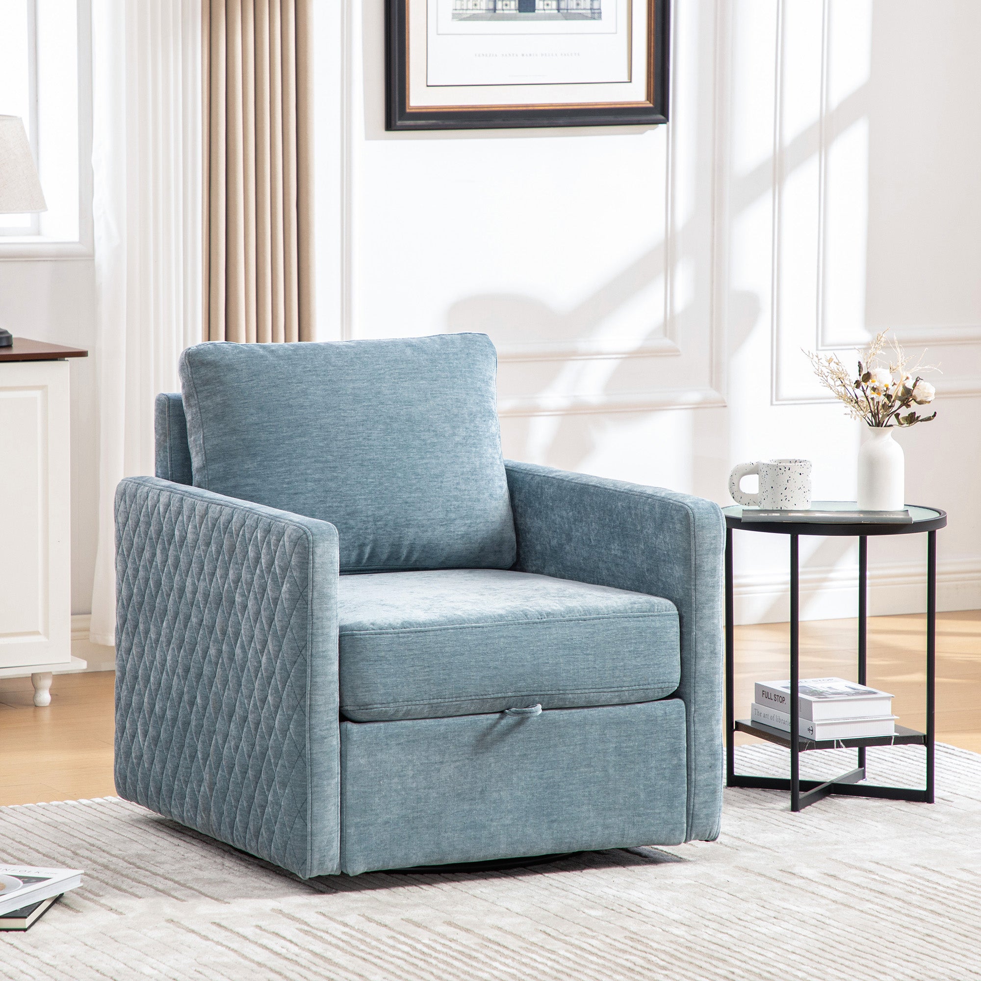 29.5 W Upholstered 360 Swivel Armchair With Hidden Storage, Comfy Diamond-Shape Tufted Armrests Accent Square Club Chair Single Sofa With Pillow For Living Room, Bedroom,Reading Nook,Corner, Blue