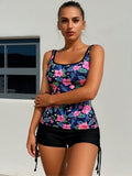 2026 New Tropical Floral Print U Neck Tankini Set, Side Drawstring Boyshort Conservative Two Piece Bathing Suit