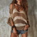 Womens Loose-fit V-neck Color-block Knit Sweater