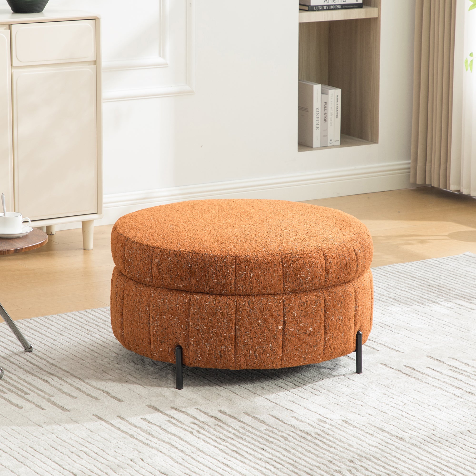 31.3 W Upholstered Round Ottoman With Reversible Lid, Chenille Storage Stool, Channel Tufted Pumpkin-shape Footstool For Living Room, Bedroom And Office, Orange