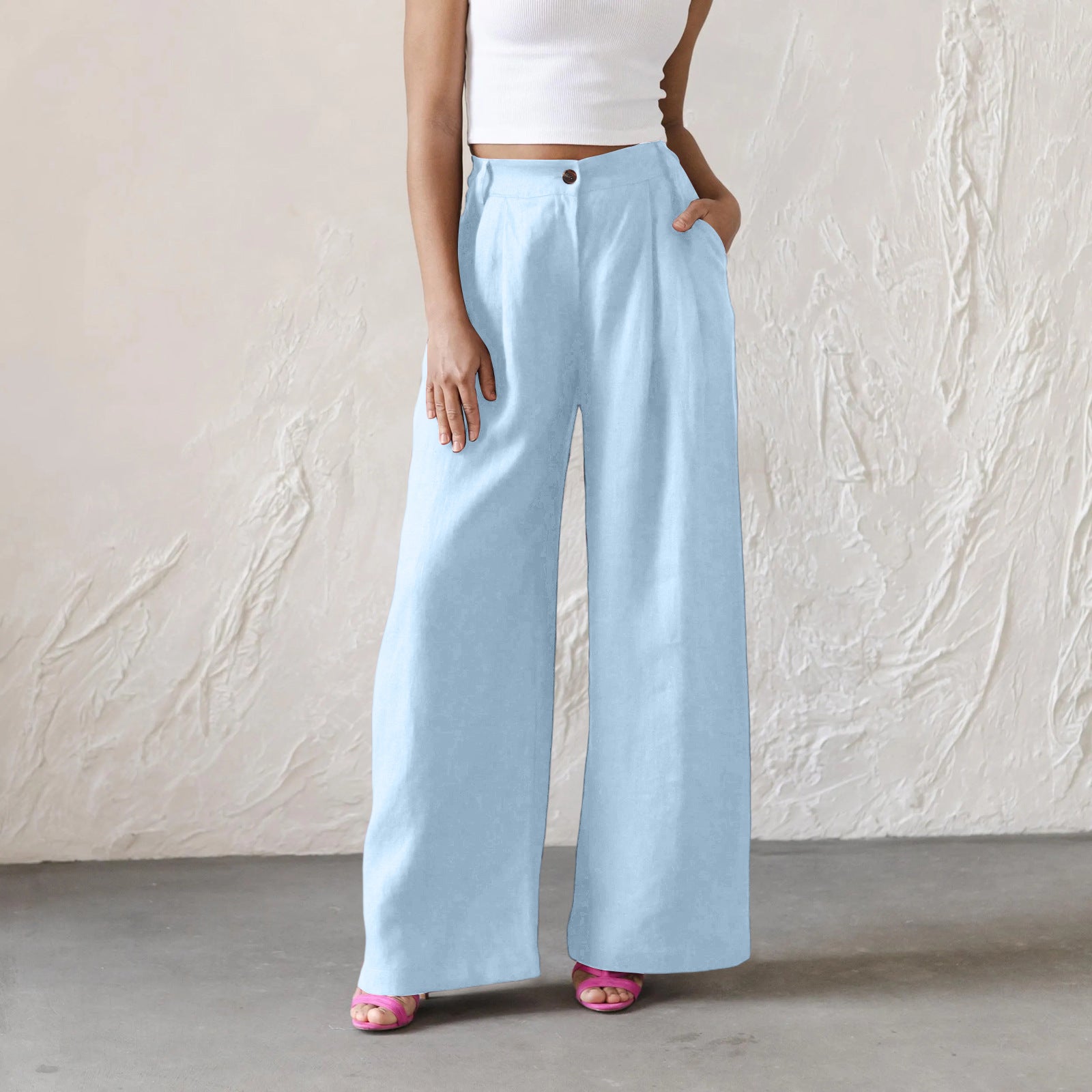 Womens Solid-Color High-Waisted Wide-Leg Pants Casual And Relaxed Fit Long Trousers