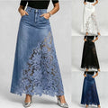 Washed Denim Lace-Panel Long Bodycon Skirt