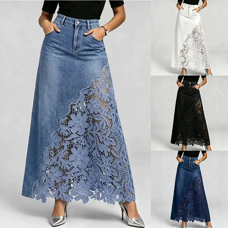 Washed Denim Lace-Panel Long Bodycon Skirt