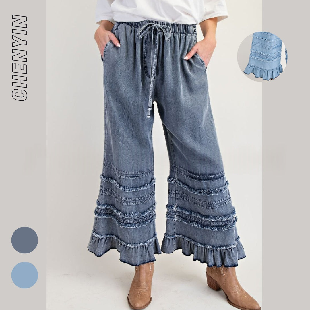 Lightweight Draping Tencel Wide-leg Jeans With Ruffled Hems