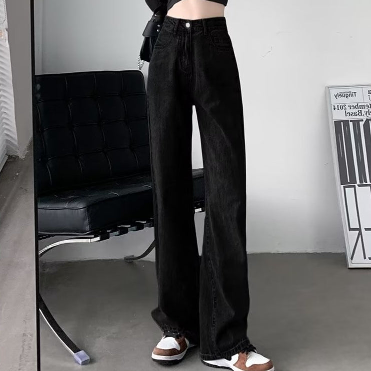 Retro Blue High0 Waisted Loose Straight Leg Denim Jeans For Women
