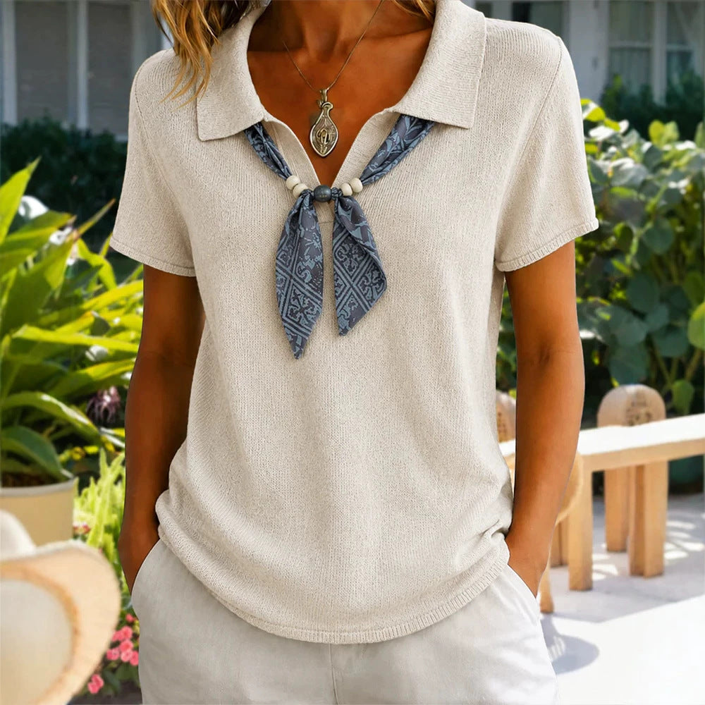 Womens Knitted Polo-neck Top With Short Sleeves And A Ribbon Detail