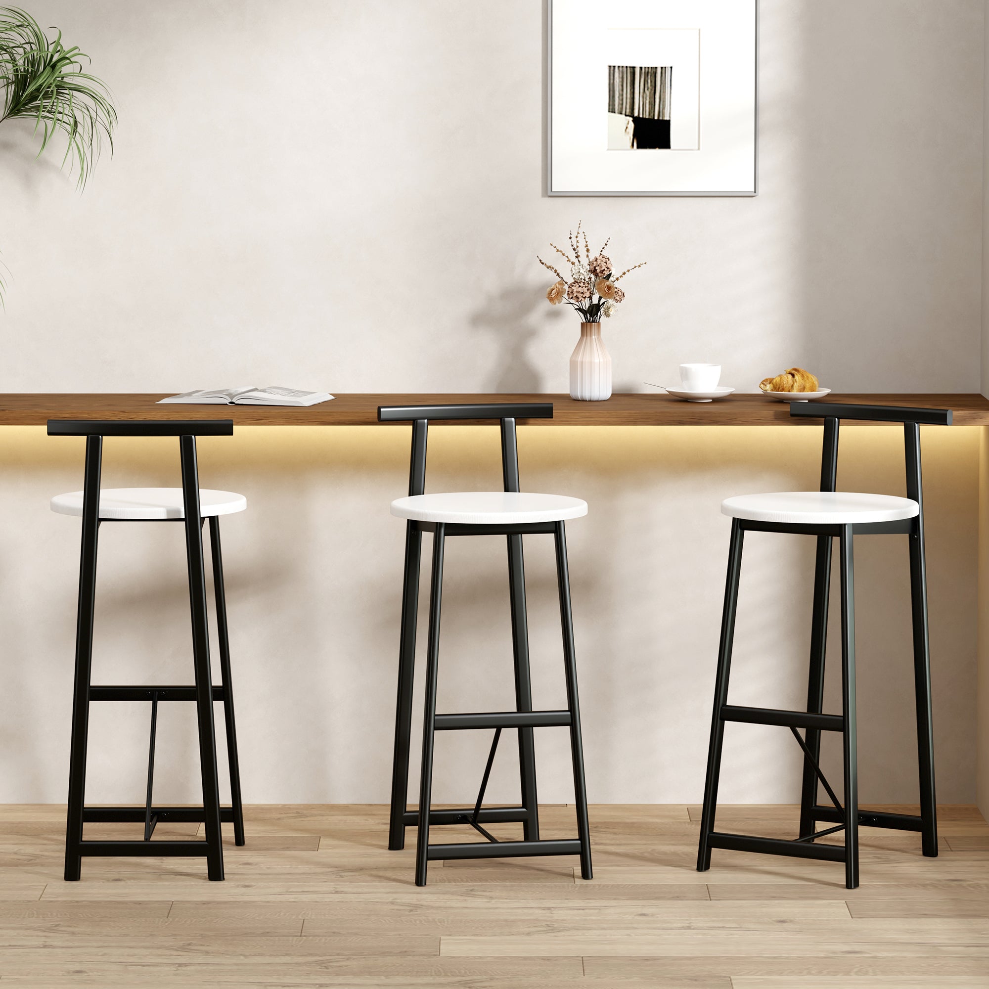 Bar Stools Kitchen Island Bar Chairs Set Of 3 Metal Counter Barstools With Backrest For Dining Pub Room  Black & White