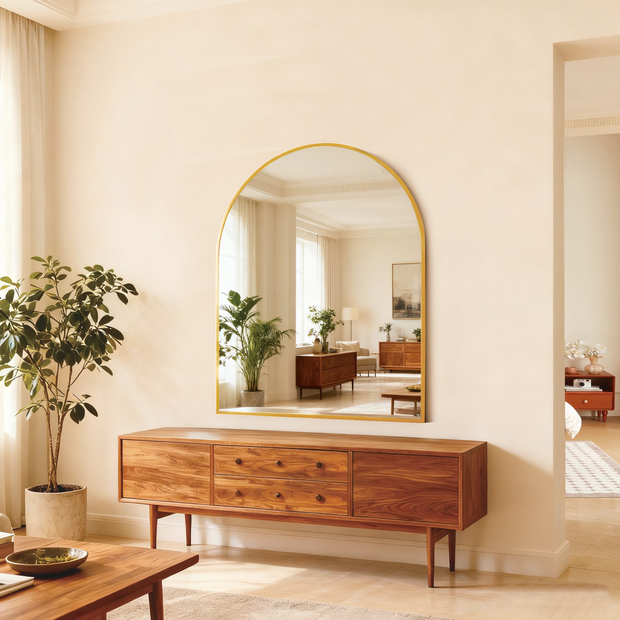 30x36 Inch Gold Metal Framed Arched Bathrrom Mirror For Wall.