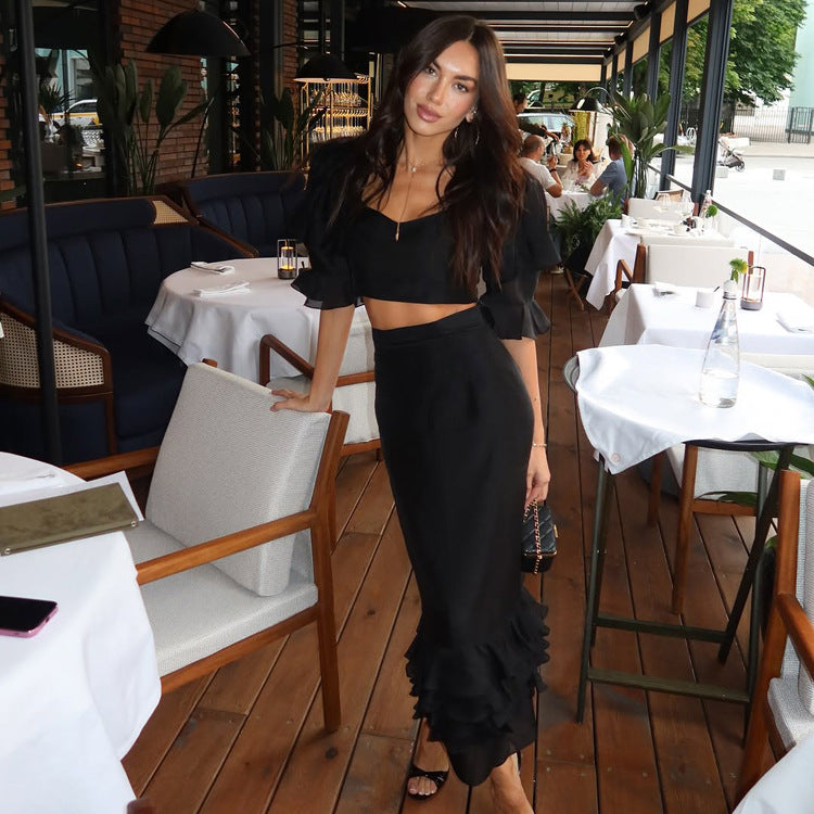 Stylish Square Neck Short-sleeved Ruffle Top Casual Two-piece Set