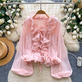 Womens French-style V-neck Lace-up Ruffled Long-sleeve Chiffon Blouse