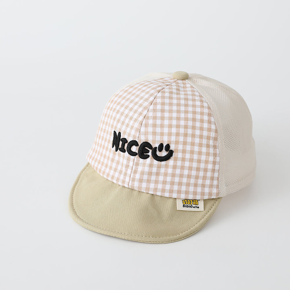 Summer Boys' And Girls' Check-pattern Embroidered Letter NICE Patchwork Baseball Cap Is Suitable For Babies For Outdoor Outings And Daily Play.