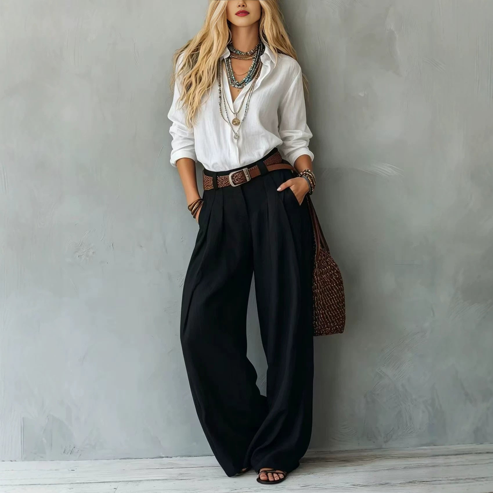 Womens Straight-Leg High-Waist Wide-Leg Pants And Blouse Set