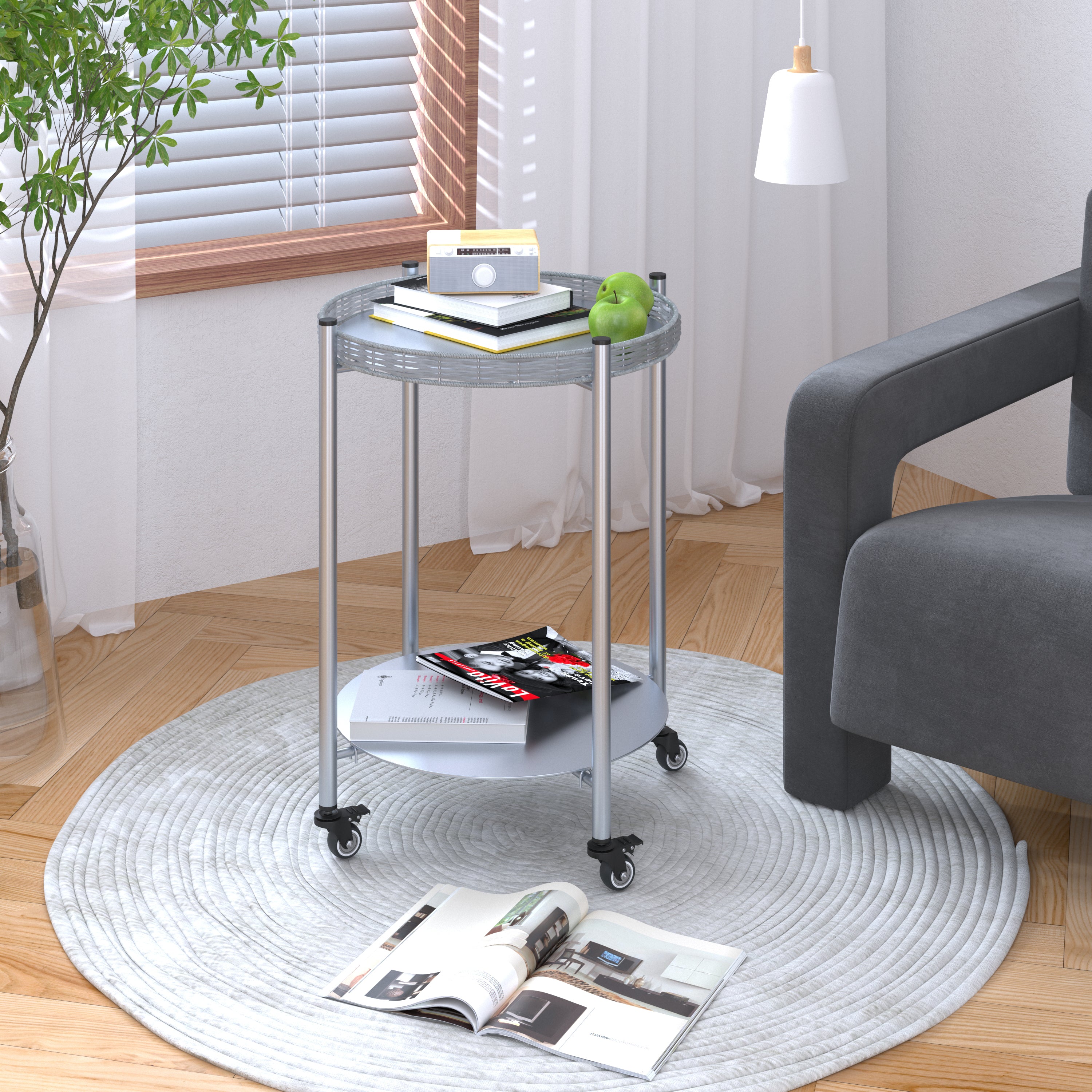 Round Coffee Table With Wheels 2-Tier Movable Side Tables Silver Metal Detachable Bedside Nightstand For Bedroom Living Room End Tables Next To Sofa  Silver Gray
