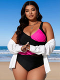 2026 New Plus Size Women's Sexy Fashion Black & Hot Pink Cross Mesh One-Piece Swimsuit For Vacation & Leisure