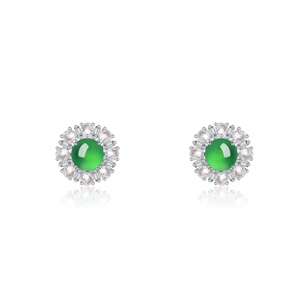 S925 Sterling Silver Flower Stud Earrings, 6mm Round Green Chrysoprase, Platinum Plated 3.2g Elegant Women's Jewelry With Gift Box Set