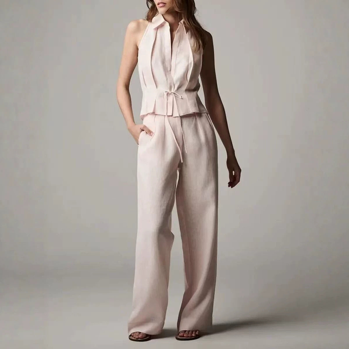 Cotton-linen Sleeveless Lapel Top With A Simple Straight-leg Pants Set