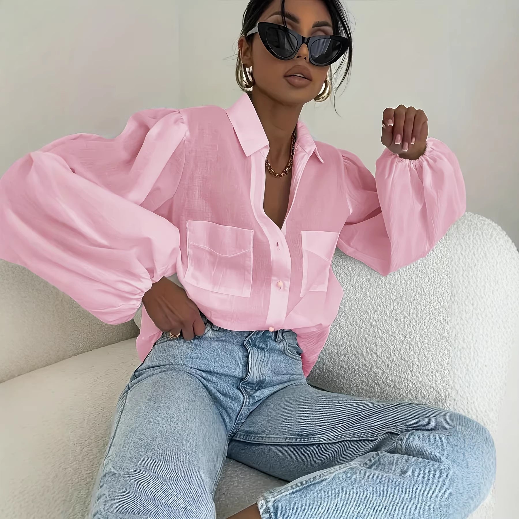 Solid-color Long Sleeves With Double Flap Pockets And A Lapel Collar