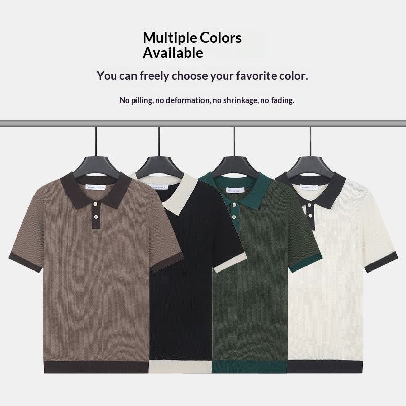 Mens Solid-Color Knitted Short-Sleeve Polo Shirt