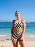 2026 New Women's Bikini Set: Black & White Checkerboard Print, Square Neck Crop Top, High-Waist Bottoms, Retro Beach Style