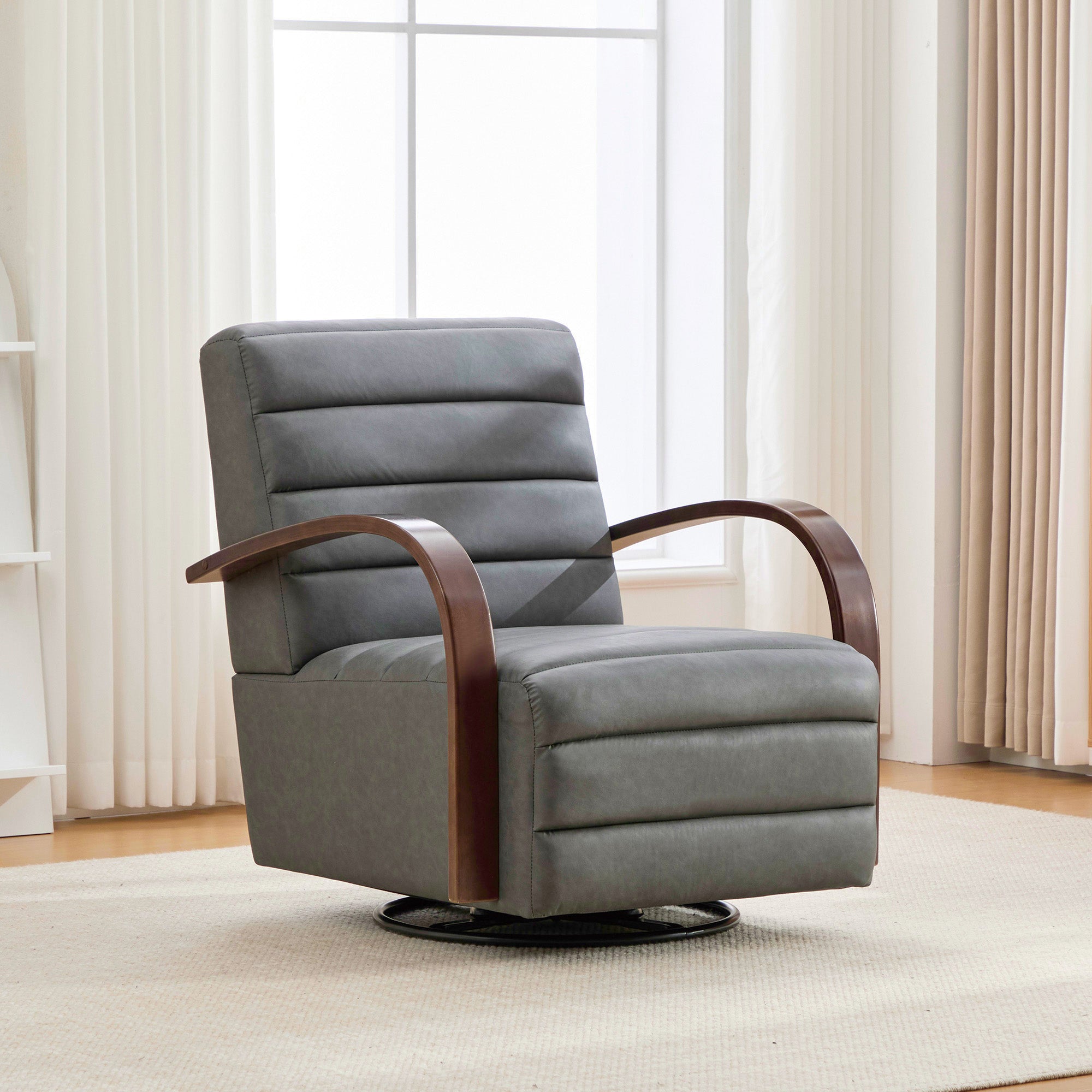 30.7 W Modern Upholstered 360 Swivel Accent Chair With Solid Wood Armrests And Comfy Channel Tufted Lounge Reading Chair, Single Sofa Armchair For Hotel Bedroom Living Room Office And Bedroom. Gray