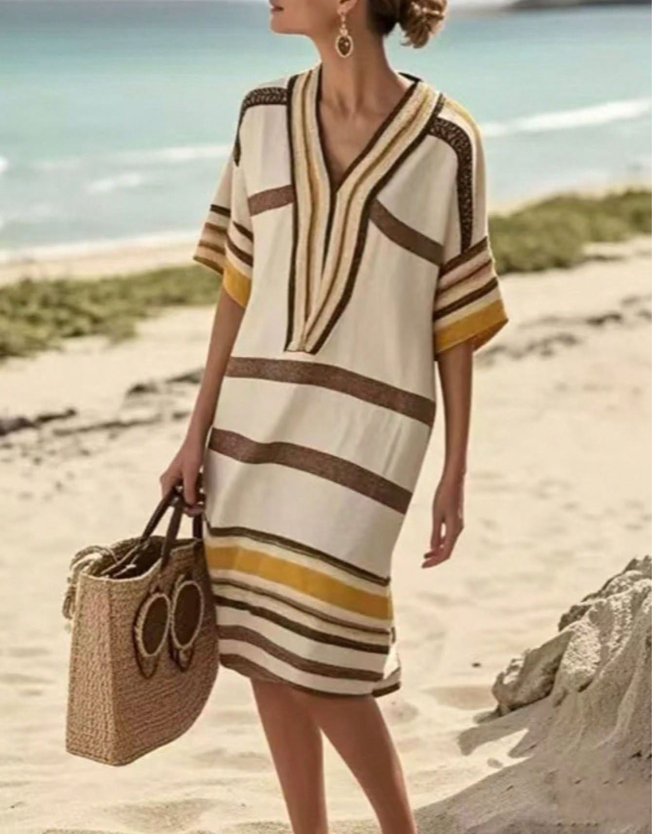 2026 New Summer Arrival, European & American Cross-Border In Stock, Printed Stripes Fashion Casual Loose Versatile V-Neck Midi Dress