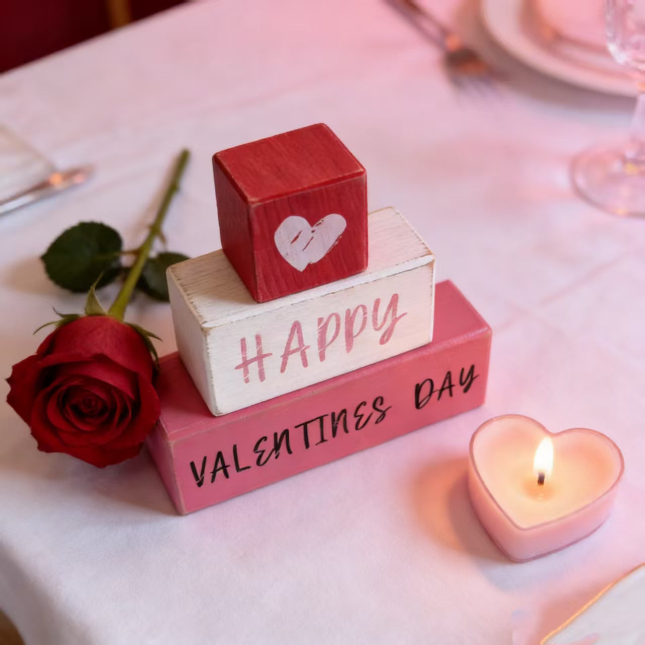 Valentine's Day Wooden Block Sign, Romantic Table Decor With Heart Pattern, Wedding Anniversary Photo Prop