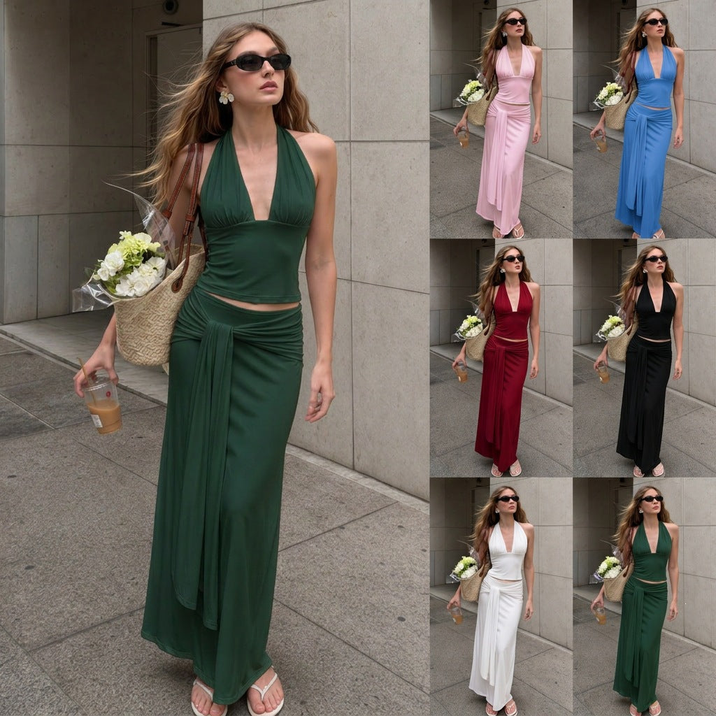 Girl-group-style Halter-neck Vest And Midi Skirt Two-piece Set