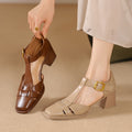 Chunky-heeled High Heel Genuine LeatherSquare-toe Womens Shoes French Vintage Style