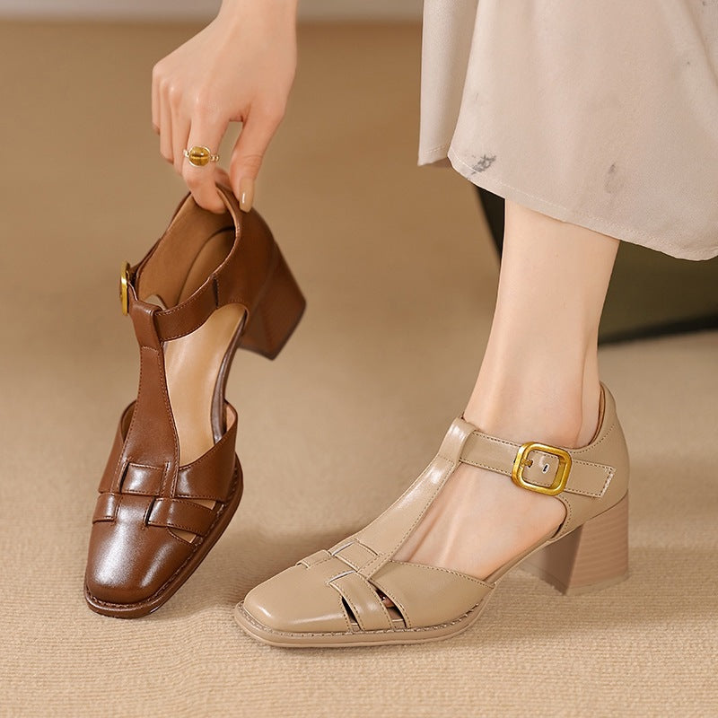 Chunky-heeled High Heel Genuine LeatherSquare-toe Womens Shoes French Vintage Style