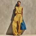 Striped Crew-neck Sleeveless Top And Wide-leg Pants Set