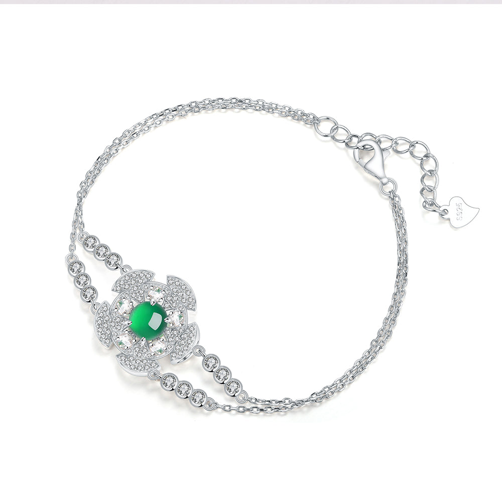 S925 Sterling Silver Bracelet Platinum Plated 6mm Round Green Chrysoprase Double Chain Fashion Jewelry With Elegant Gift Box Set For Women