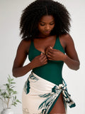 2026 New Dark Green U-Shaped Metal Buckle One-Piece Swimsuit + Botanical Print Sarong 2 Piece Set, Vacation Swimwear