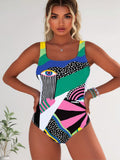 2026 New Abstract Geometric Print One Piece Swimsuit, Square Neck Evil Eye & Rainbow Tummy Control Bathing Suit