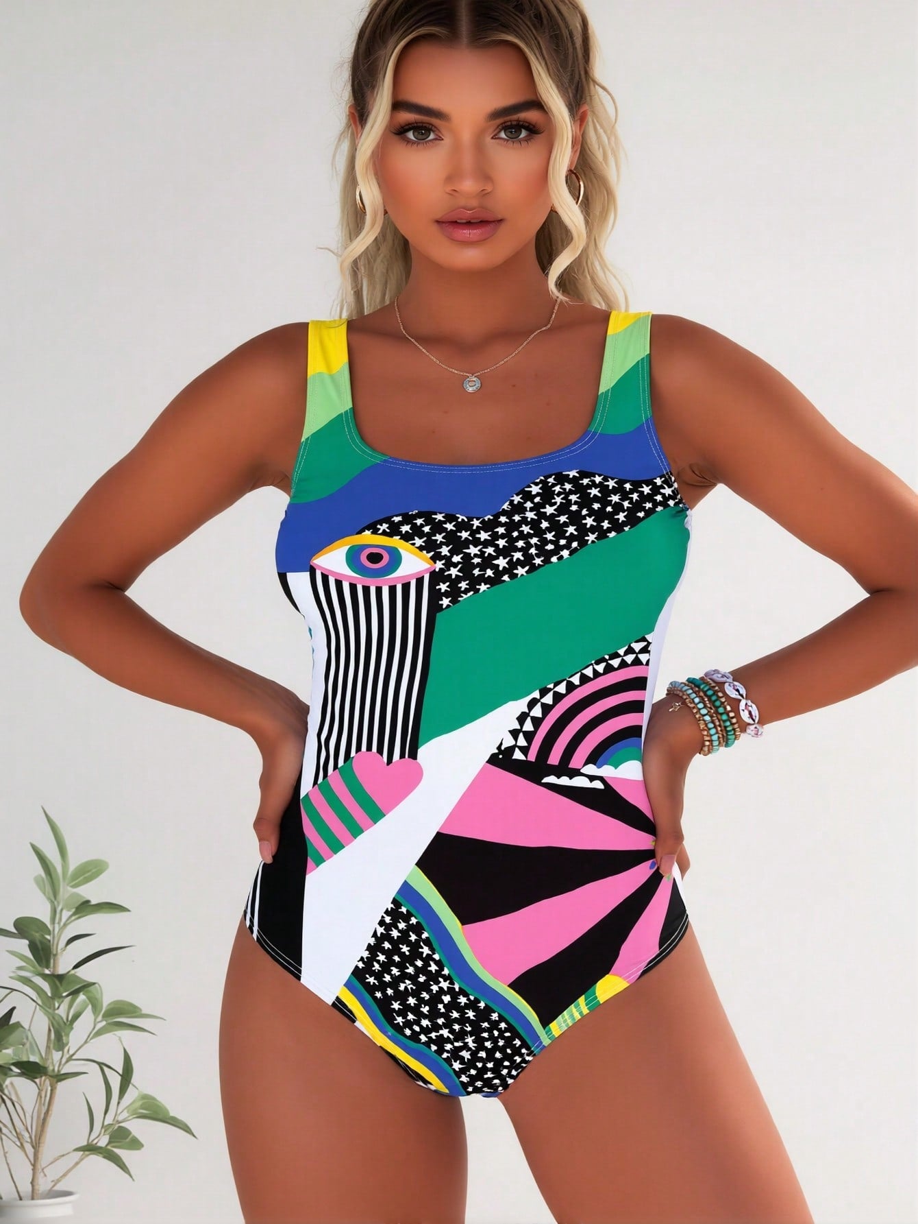 2026 New Abstract Geometric Print One Piece Swimsuit, Square Neck Evil Eye & Rainbow Tummy Control Bathing Suit